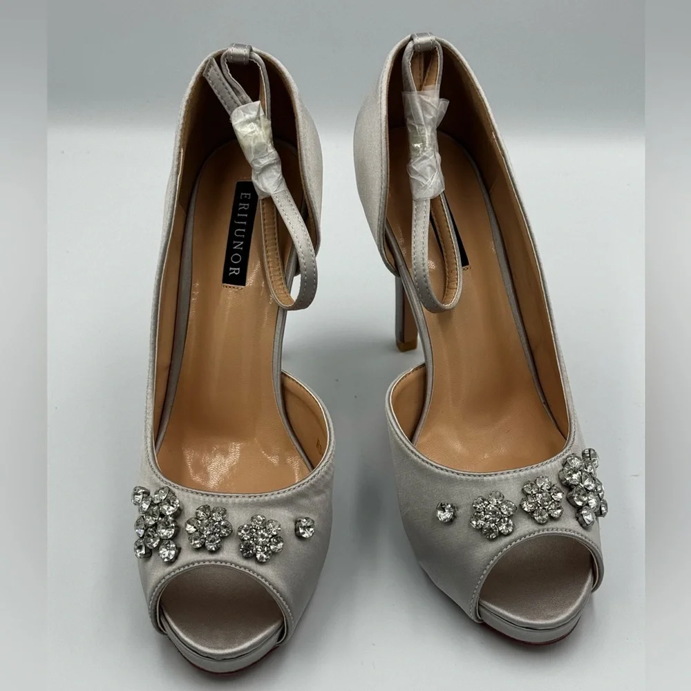 Silver Satin Peep Toe Heels with Rhinestones, Size 9W (NWT)